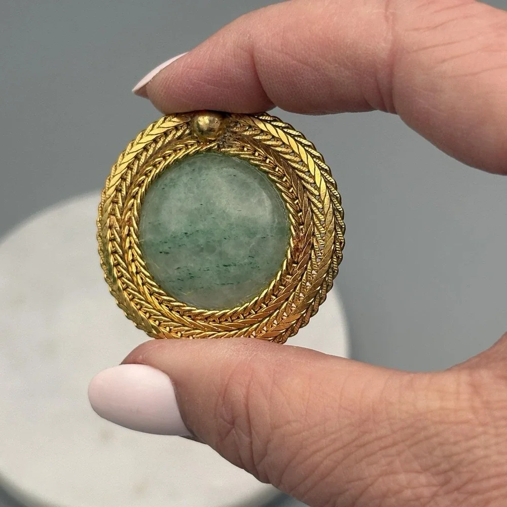 Vintage Jadeite Clip On Earrings Cabochon Braided Gold Tone Borders Statement